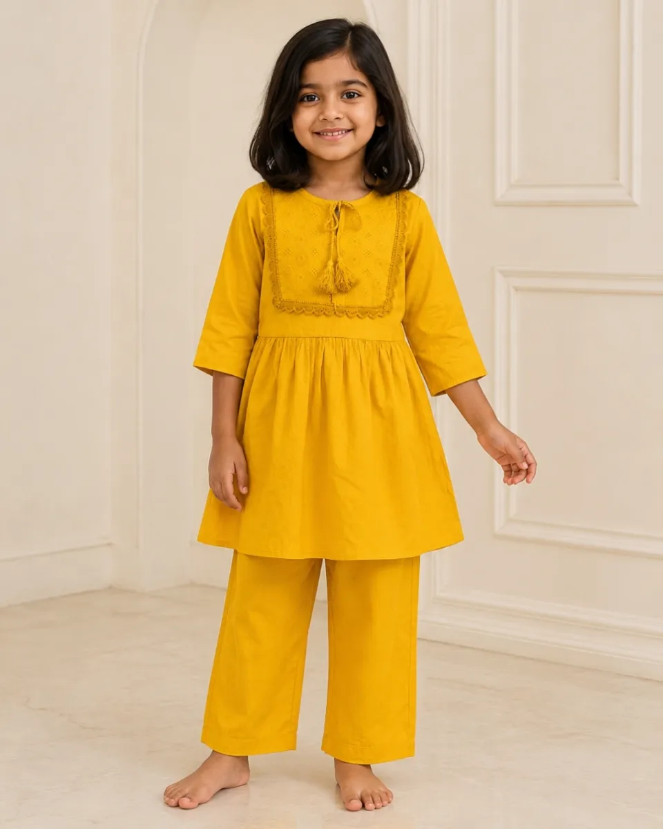 Girls’ Embroidered Linen Kurti Set - 01