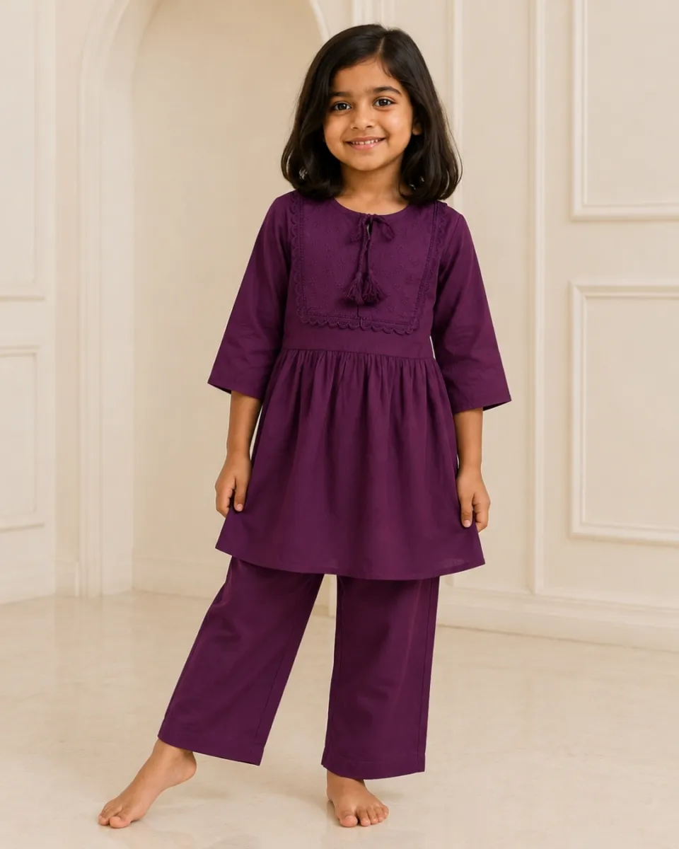 Girls’ Embroidered Linen Kurti Set - 05