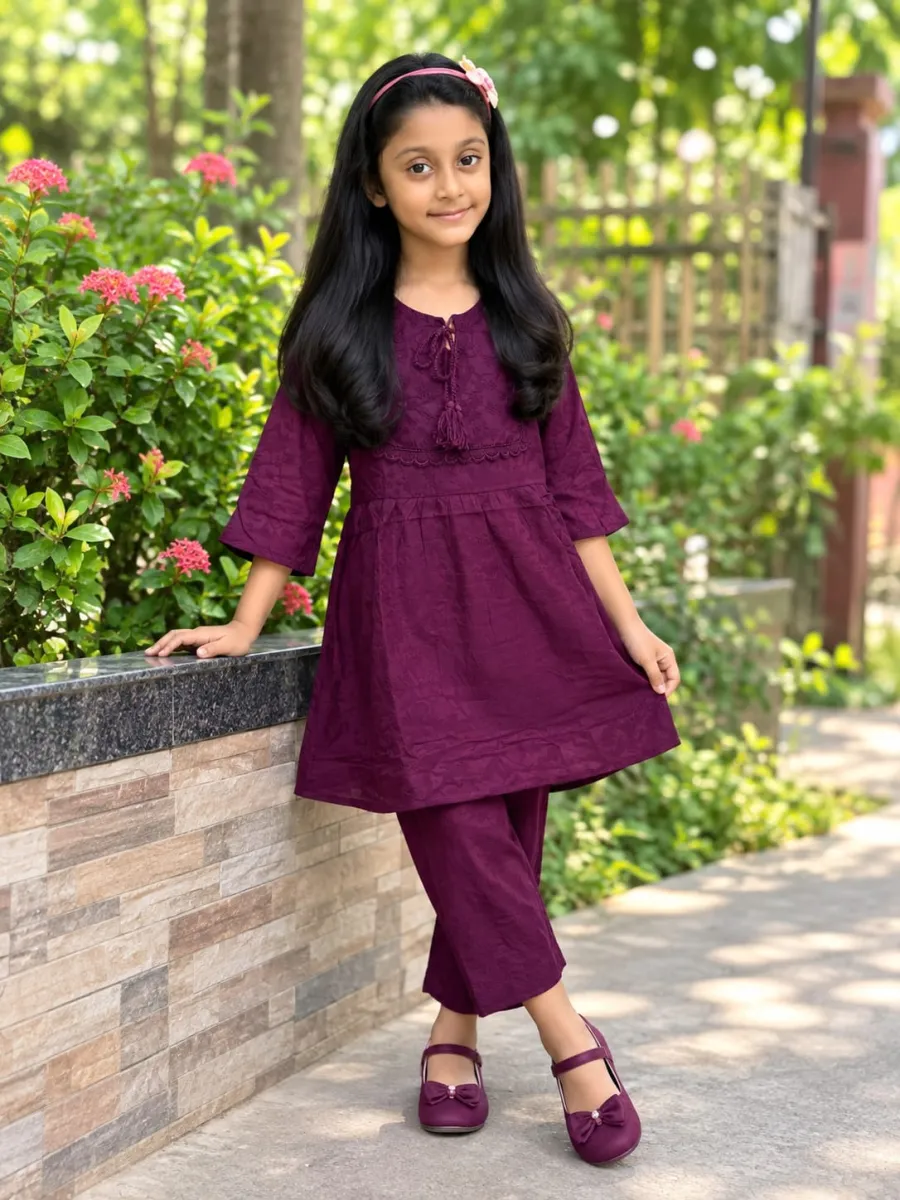Girls’ Embroidered Linen Kurti Set - 05