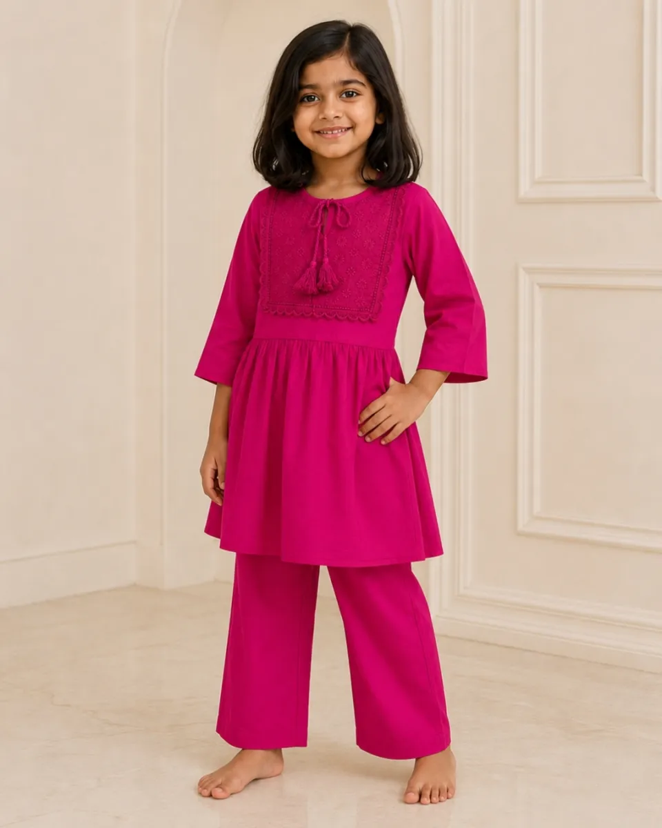Girls’ Embroidered Linen Kurti Set – 04